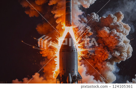 Rocket is launching into the sky, leaving a trail of smoke and fire behind it. Concept of excitement and wonder, as the rocket soars into the unknown 124105361