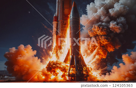 Rocket is exploding in the sky with a lot of smoke and fire. The scene is intense and dramatic, with the rocket's fiery trail leaving a trail of destruction in its wake. Concept of power and energy 124105363