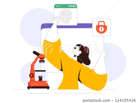 Forensics Technology Vector Illustration Featuring Biometric Access Control and Server Data Recovery with Fingerprint Screening Security System Forensics Technology Vector Illustration Featuring Biometric Access Control and Server Data Recovery with Fingerprint Screening Security System 124105416