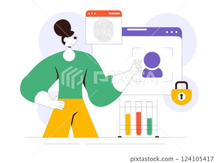 Forensics Technology Vector Illustration Featuring Biometric Access Control and Server Data Recovery with Fingerprint Screening Security System 124105417