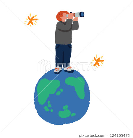 一名男子站在地球上，透過望遠鏡觀察的流行插圖 124105475