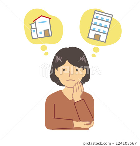 A woman struggling to decide between an apartment and a detached house 124105567