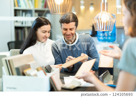 Married couple discussing order with store manager 124105693