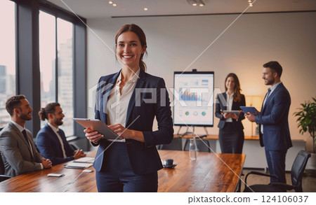 Woman in a business suit stands in front of a group of people, holding a tablet. The scene suggests a professional meeting or presentation, with the woman likely being the presenter. The group of 124106037