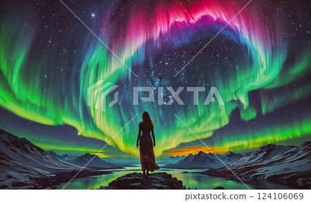 Woman stands in front of a beautiful aurora borealis. The sky is filled with colorful lights and the woman is the only person in the scene Woman stands in front of a beautiful aurora borealis. The sky is filled with colorful lights and the woman is the only person in the scene 124106069