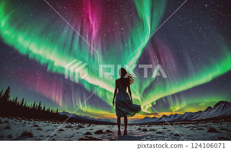 Woman stands in the snow, looking up at the sky. The sky is filled with auroras, creating a beautiful and serene atmosphere 124106071