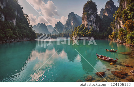Beautiful lake with two boats floating on it. The water is calm and clear, reflecting the mountains in the background. The scene is serene and peaceful, inviting one to relax and enjoy the natural 124106153