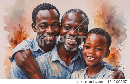 Man and two children are smiling and hugging each other. Concept of warmth and love between family members 124106267