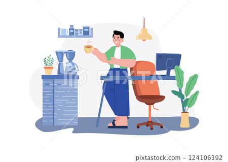 Employee Drinking Coffee While Working From Home 124106392