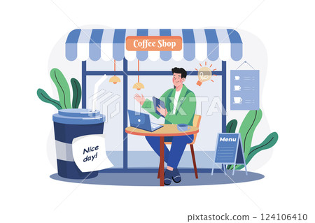 Man Working From A Cafe Illustration concept. A flat illustration isolated on white background Man Working From A Cafe Illustration concept. A flat illustration isolated on white background 124106410