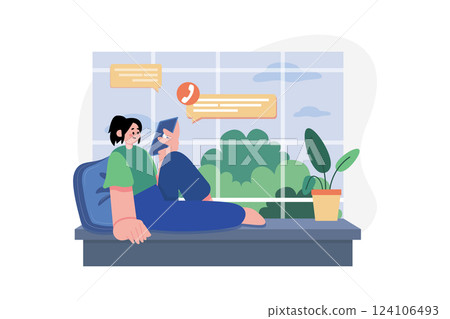 Freelancer Lady Talking On Tablet White Seating On Window 124106493