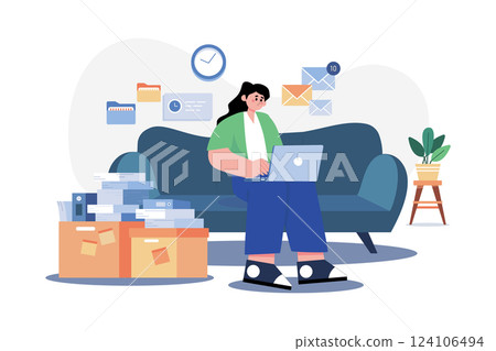 Woman Employee Working From Home While Seating On The Couch 124106494