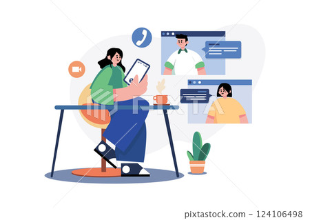 Lady Doing Online Meeting On A Tablet With Coffee Cup On The Desk 124106498