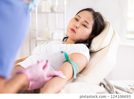 Female anesthesiologist injecting anesthetic into a vein on her arm with a syringe in cosmetology clinic Female anesthesiologist injecting anesthetic into a vein on her arm with a syringe in cosmetology clinic 124106693