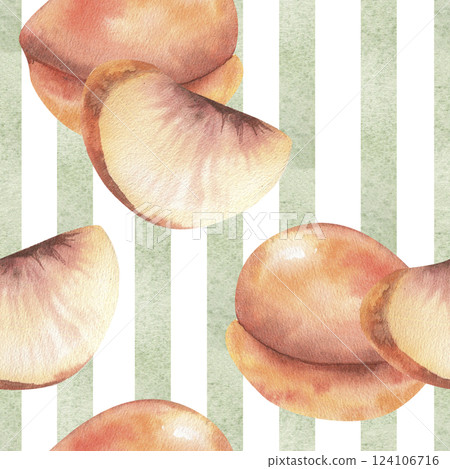 Green stripes with tropical orange peaches watercolor seamless pattern. Hand drawn botanical background with geometric texture and fruits illustration or packing, textile, fabric design 124106716