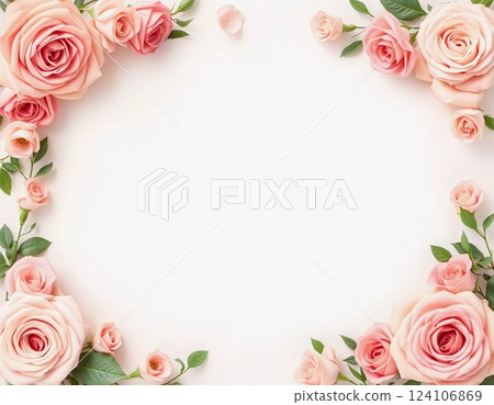 Delicate pink roses surround a blank space, perfect for writing personal messages. This lovely floral arrangement adds elegance to any occasion. Background for birthday, mother day, valentine day. AI 124106869