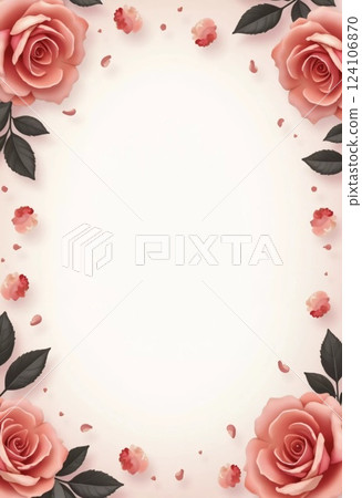 Delicate pink roses surround a blank space, perfect for writing personal messages. This lovely floral arrangement adds elegance to any occasion. Background for birthday, mother day, valentine day. AI 124106870