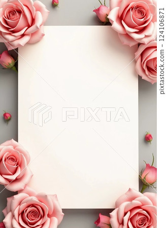 Delicate pink roses surround a blank space, perfect for writing personal messages. This lovely floral arrangement adds elegance to any occasion. Background for birthday, mother day, valentine day. AI 124106871
