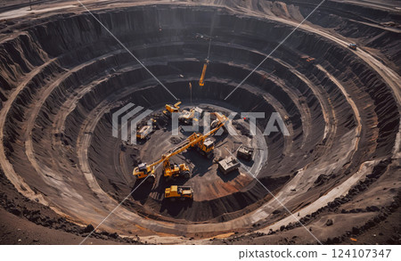 Large pit with a lot of machinery in it. The pit is surrounded by a lot of dirt and rocks 124107347