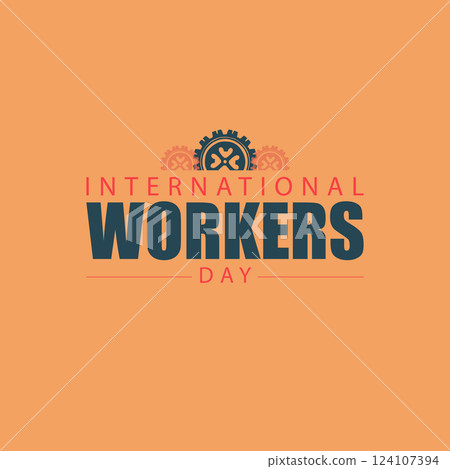 A bold International Workers' Day logo featuring strong typography and a central gear 124107394