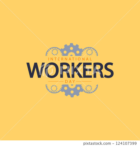 International Workers' Day Logo with Gears on Yellow Background 124107399