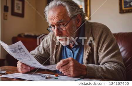 Man is sitting at a table reading a newspaper. He is wearing glasses and a sweater. The newspaper is on the table in front of him 124107400