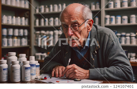 Man in a pharmacy is writing on a piece of paper. The scene is set in a store with many bottles of medicine on shelves. The man is focused on his task, possibly writing a prescription or taking notes Man in a pharmacy is writing on a piece of paper. The scene is set in a store with many bottles of medicine on shelves. The man is focused on his task, possibly writing a prescription or taking notes 124107401