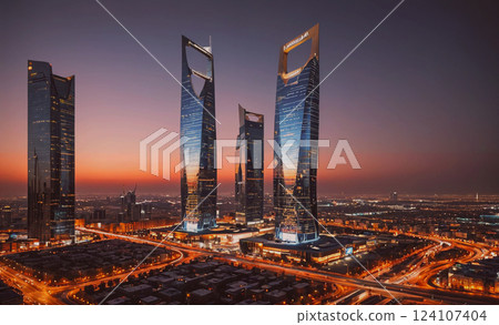 City skyline at night with three tall buildings. The buildings are lit up and the sky is orange 124107404