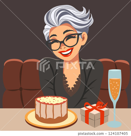 Young woman celebrating with cake and champagne Young woman celebrating with cake and champagne 124107405