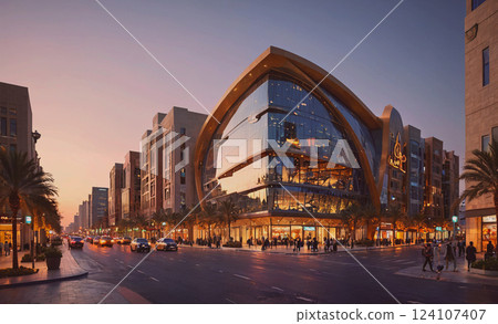 Large building with a curved design is lit up at night. The street is busy with cars and people walking around 124107407