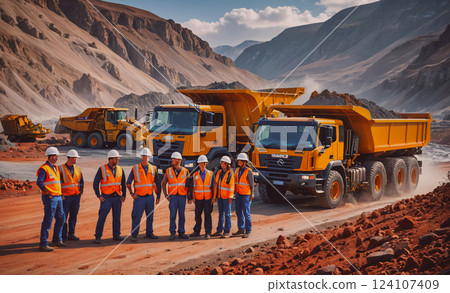 Group of men in orange vests stand in front of a large yellow dump truck. The men are wearing hard hats and seem to be workers at a construction site 124107409