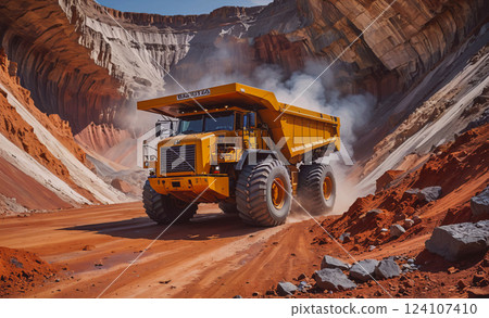 Large yellow dump truck is driving through a dirt road in a desert. The truck is covered in dust and smoke, and the surrounding landscape is barren and rocky. Concept of ruggedness and harshness 124107410