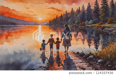 Family of four is walking along a riverbank, with the sun setting in the background. The painting captures a moment of togetherness and bonding between the family members. The warm colors of the 124107436