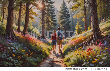Couple is walking through a forest with a bright sun shining through the trees. The painting captures the beauty of nature and the joy of spending time together in a peaceful setting 124107441