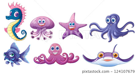 Colorful Sea Creatures Cartoon Illustration 124107679