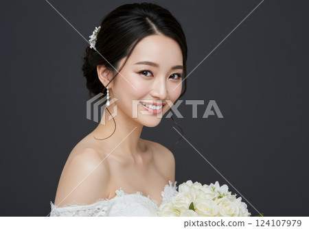 身著婚紗的微笑年輕女子（AI 生成的圖像） 124107979