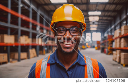Man wearing a yellow hard hat and orange vest is smiling. He is standing in a warehouse 124108106