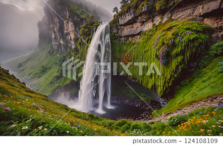 Waterfall with a green bridge over it. The waterfall is surrounded by a lush green valley. The valley is filled with wildflowers and grass. The scene is serene and peaceful Waterfall with a green bridge over it. The waterfall is surrounded by a lush green valley. The valley is filled with wildflowers and grass. The scene is serene and peaceful 124108109