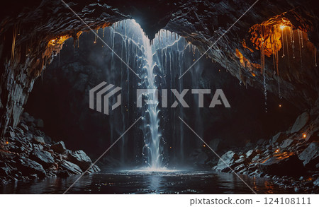 Waterfall is flowing into a cave with a heart-shaped opening. The water is crystal clear and the cave is dark Waterfall is flowing into a cave with a heart-shaped opening. The water is crystal clear and the cave is dark 124108111