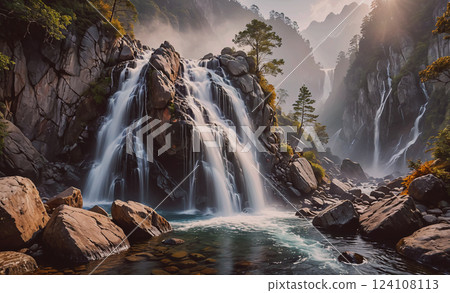 Waterfall is surrounded by rocks and trees. The water is clear and the rocks are large. The scene is peaceful and serene Waterfall is surrounded by rocks and trees. The water is clear and the rocks are large. The scene is peaceful and serene 124108113