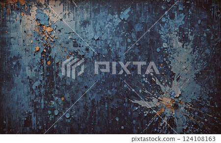 Blue background with splatters of paint and a few circles. The splatters are of different sizes and colors, creating a sense of chaos and disorder. Scene is one of confusion and disarray 124108163