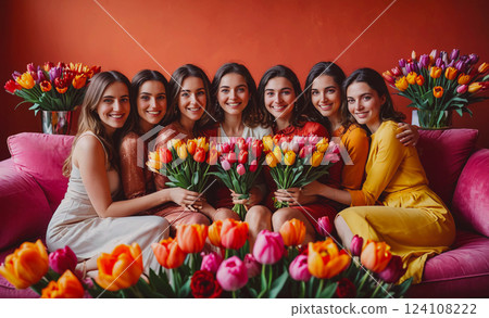 Group of women are sitting on a couch with a bunch of flowers in front of them. The women are smiling and seem to be enjoying each other's company. The flowers are arranged in a way that they are all Group of women are sitting on a couch with a bunch of flowers in front of them. The women are smiling and seem to be enjoying each other's company. The flowers are arranged in a way that they are all 124108222