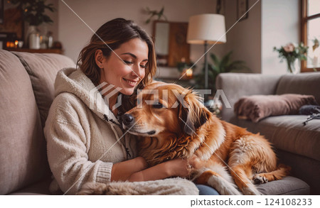 Woman is sitting on a couch with a brown dog. The woman is smiling and petting the dog. Concept of warmth and happiness, as the woman and her dog share a close bond Woman is sitting on a couch with a brown dog. The woman is smiling and petting the dog. Concept of warmth and happiness, as the woman and her dog share a close bond 124108233