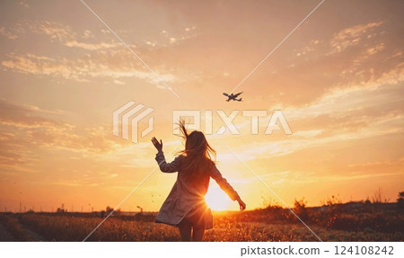 Woman is running in a field with a plane flying in the sky. The sky is orange and the sun is setting. The woman is wearing a white jacket and she is enjoying the moment Woman is running in a field with a plane flying in the sky. The sky is orange and the sun is setting. The woman is wearing a white jacket and she is enjoying the moment 124108242