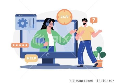 Help Desk Worker Illustration concept. A flat illustration isolated on white background Help Desk Worker Illustration concept. A flat illustration isolated on white background 124108307