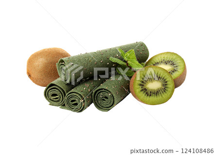 PNG, Four green rolls of fruit pastille and kiwi, isolated on white background PNG, Four green rolls of fruit pastille and kiwi, isolated on white background 124108486