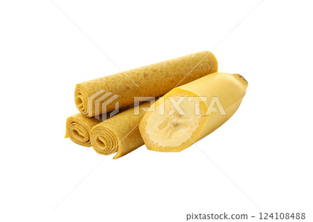 PNG, Three yellow rolls of fruit pastille and one half of banana, isolated on white background PNG, Three yellow rolls of fruit pastille and one half of banana, isolated on white background 124108488