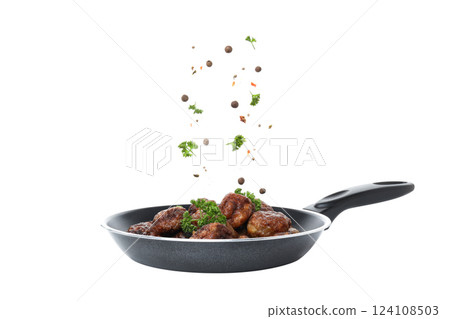 PNG of meatballs in a pan, isolated on white background. PNG of meatballs in a pan, isolated on white background. 124108503