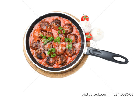 PNG of meatballs in a pan, isolated on white background. PNG of meatballs in a pan, isolated on white background. 124108505