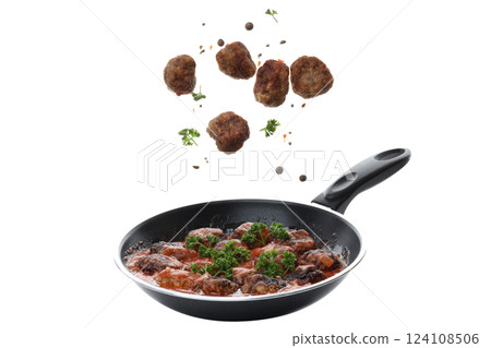 PNG of meatballs in a pan, isolated on white background. PNG of meatballs in a pan, isolated on white background. 124108506